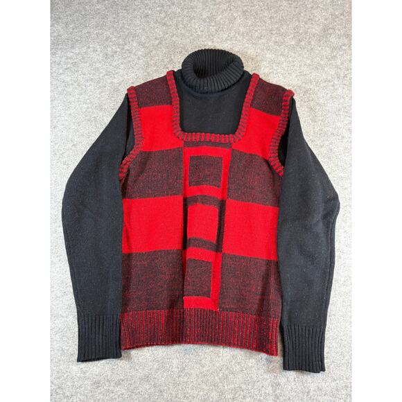 Vintage 90s Campus Square Block Turtleneck Sweater Womens Medium Red Black Knit - Picture 1 of 6